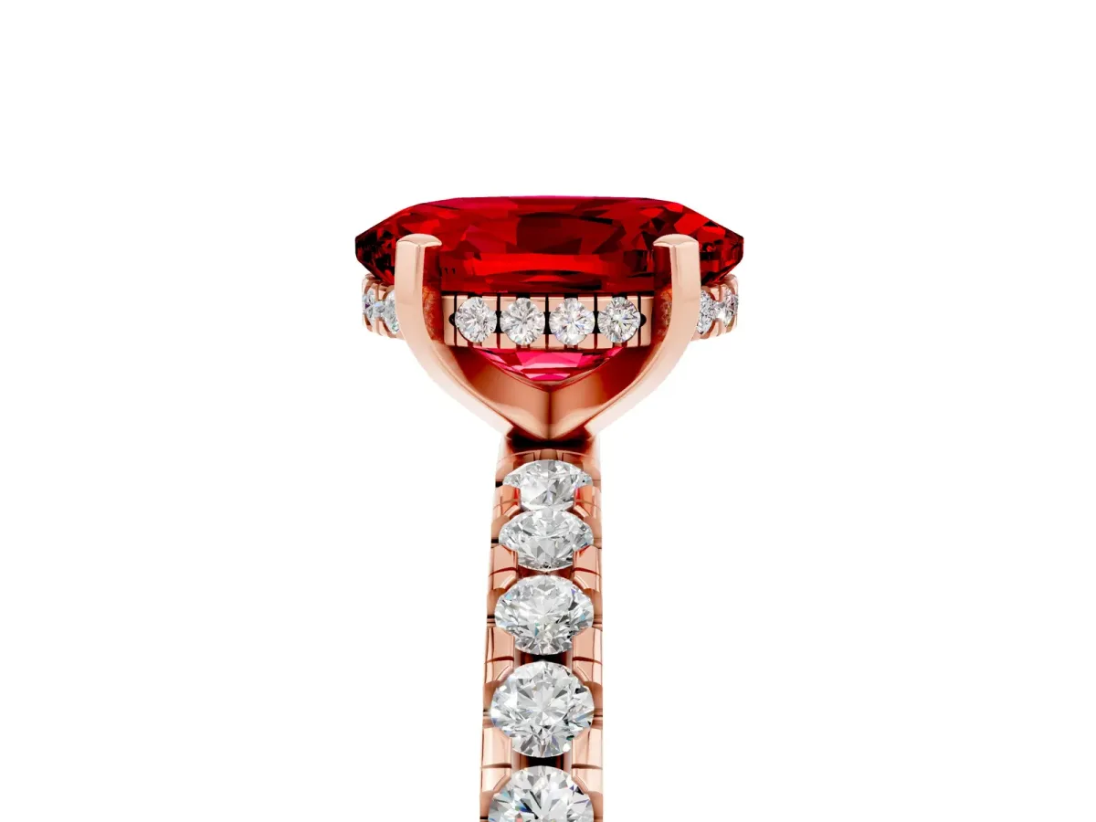 Oval Cut Ruby Solitaire Ring with Round Pavé Band and Four-Prong Setting Rose gold