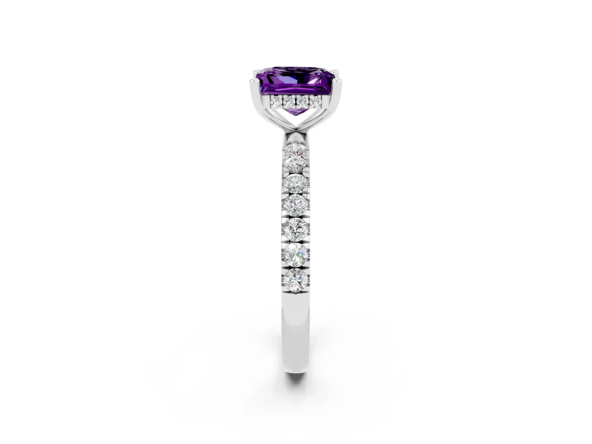 Princess Cut Amethyst Pave Band Solitaire Ring with Round and Prong Setting Platinum