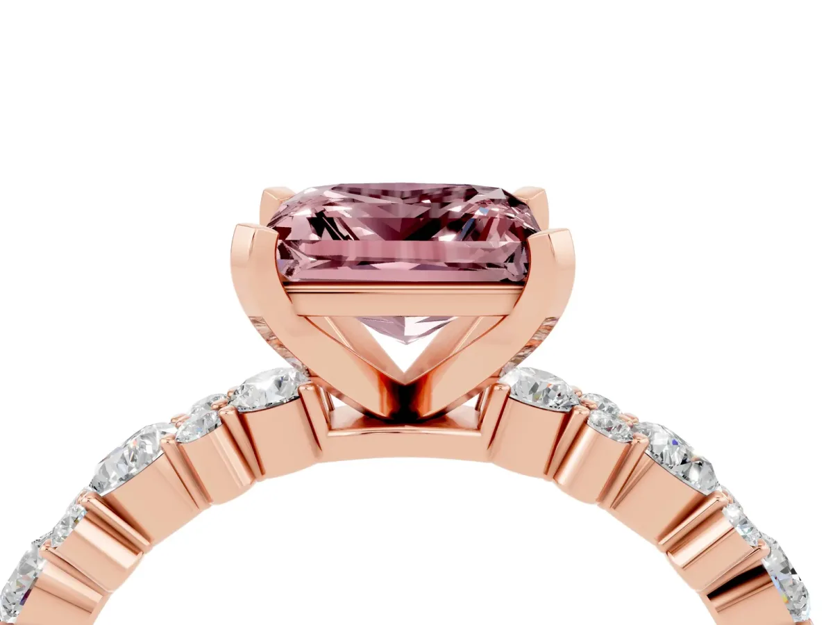 Princess Cut Morganite Side Stone Solitaire Ring with Round and Four-Prong Setting Rose gold
