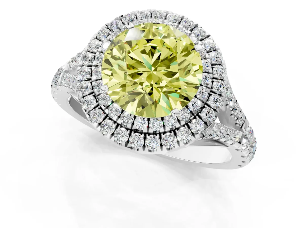 Fancy Yellow Double Halo Round Cut Diamond Split Shank Engagement Ring with Four-Prong Setting White gold