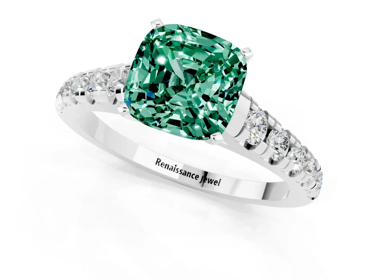 Cushion Cut Green Sapphire Cathedral Solitaire Ring with Round Pavé Band Silver