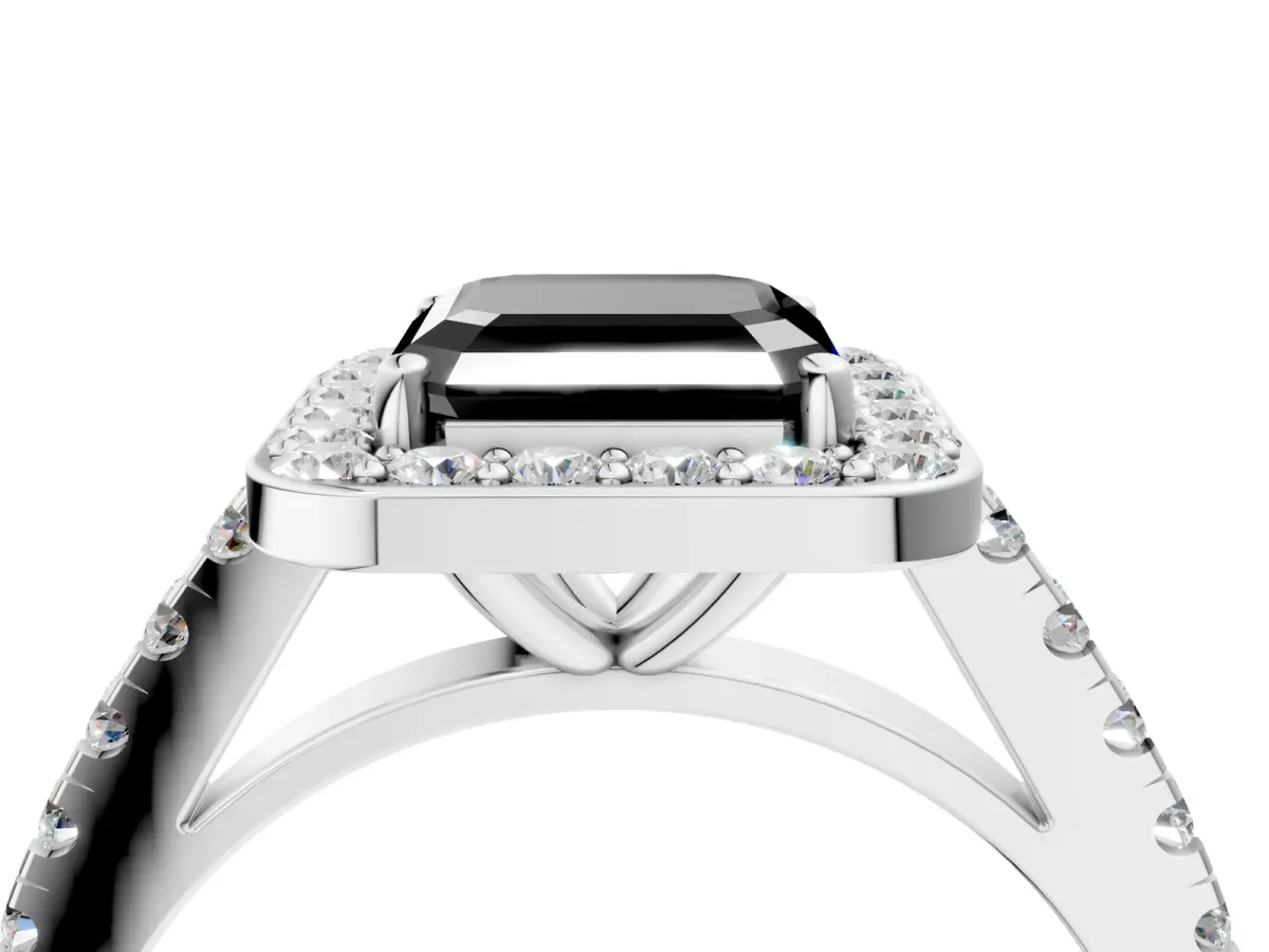 Fancy Black Asscher Cut Diamond Halo Ring with Round Pavé Split Shank and Prong Setting Platinum