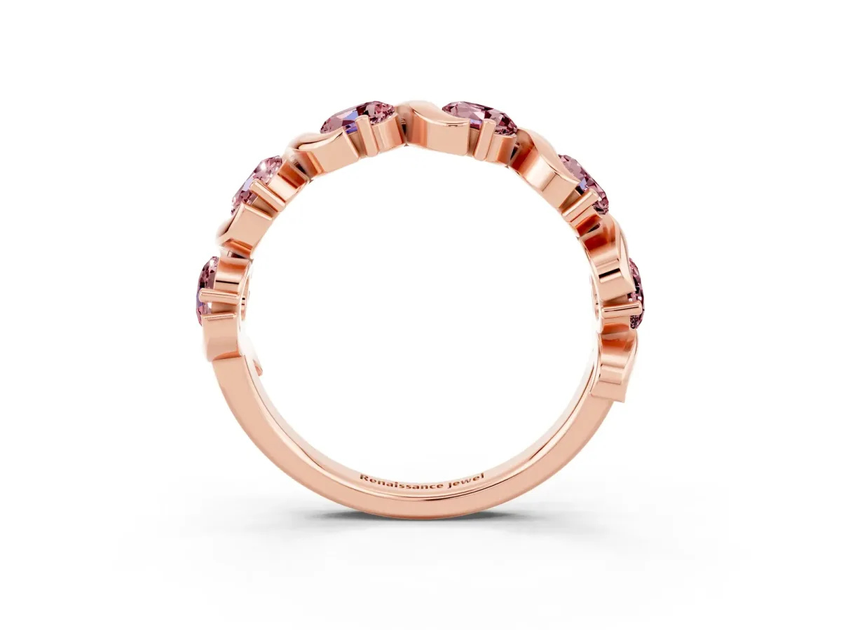 Round Morganite Half Eternity Band with Wave Prong Setting Rose gold