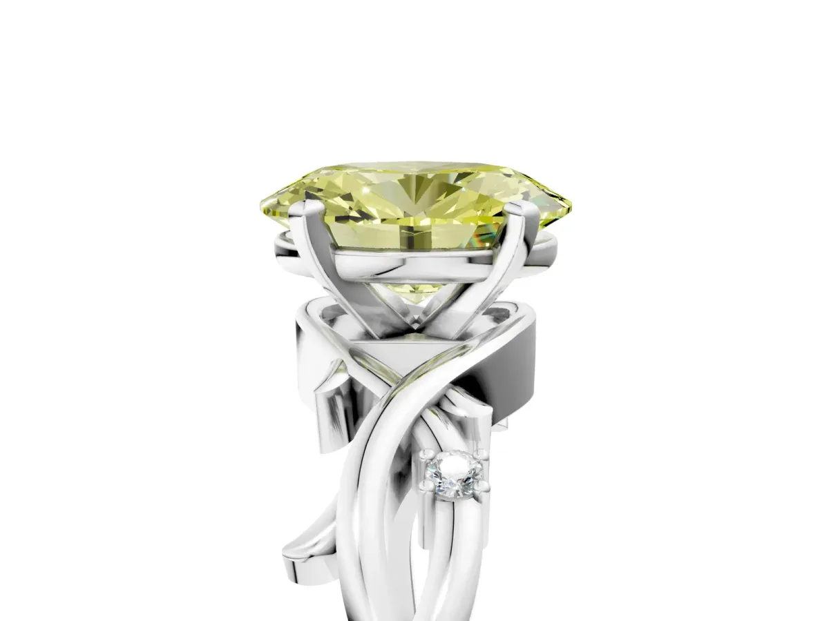 Fancy Yellow Oval Cut Diamond Solitaire Ring with Twisted Band and Prong Setting Silver