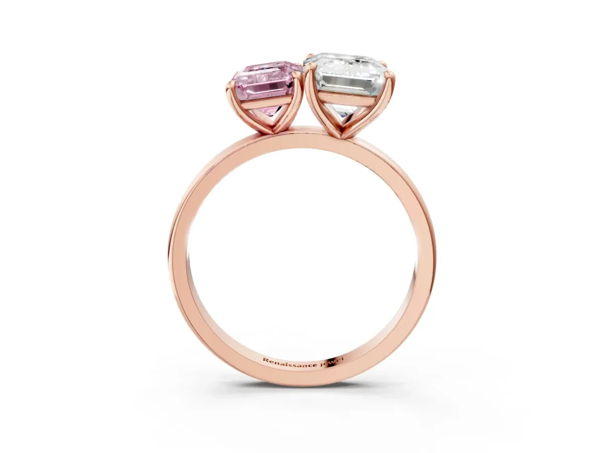 Fancy Pink Emerald Cut and Emerald Cut Toi Moi Ring with Prong Setting Rose gold