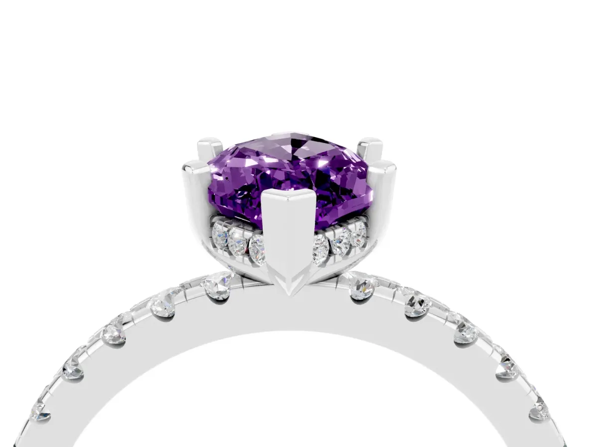 Marquise Cut Amethyst Solitaire Ring with Round Pavé Band and Four-Prong Setting Silver