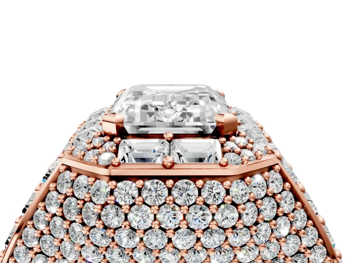 Emerald Cut Diamond Pavé Statement Mens Ring with Baguette Accents Rose gold