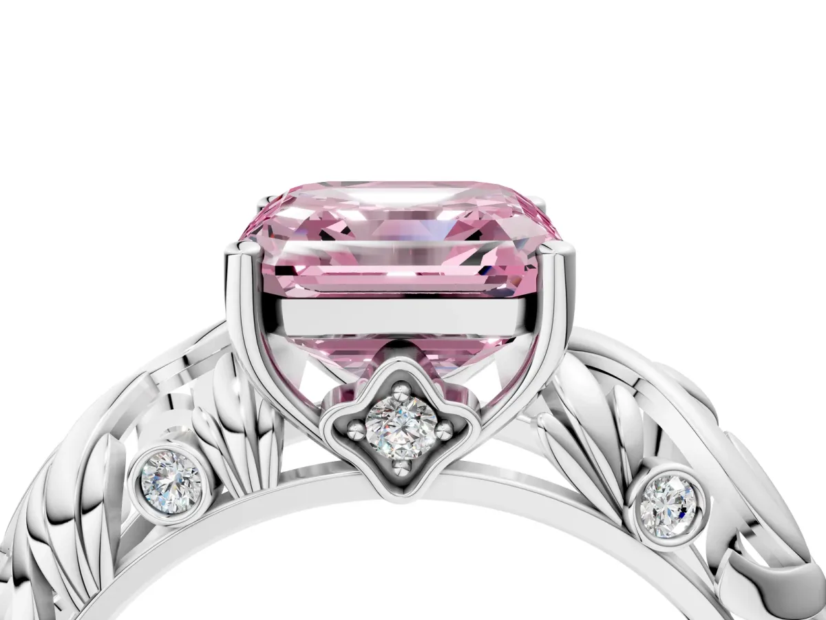 Fancy Pink Asscher Cut Solitaire Diamond Leaf-Inspired Vine Band Ring with Prong Setting Platinum