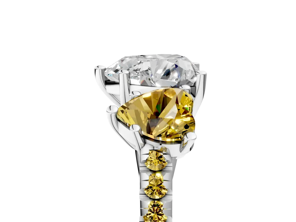 Three-Stone Heart Cut Diamond Ring with Round Yellow Sapphire Pavé Band and Prong Setting Silver