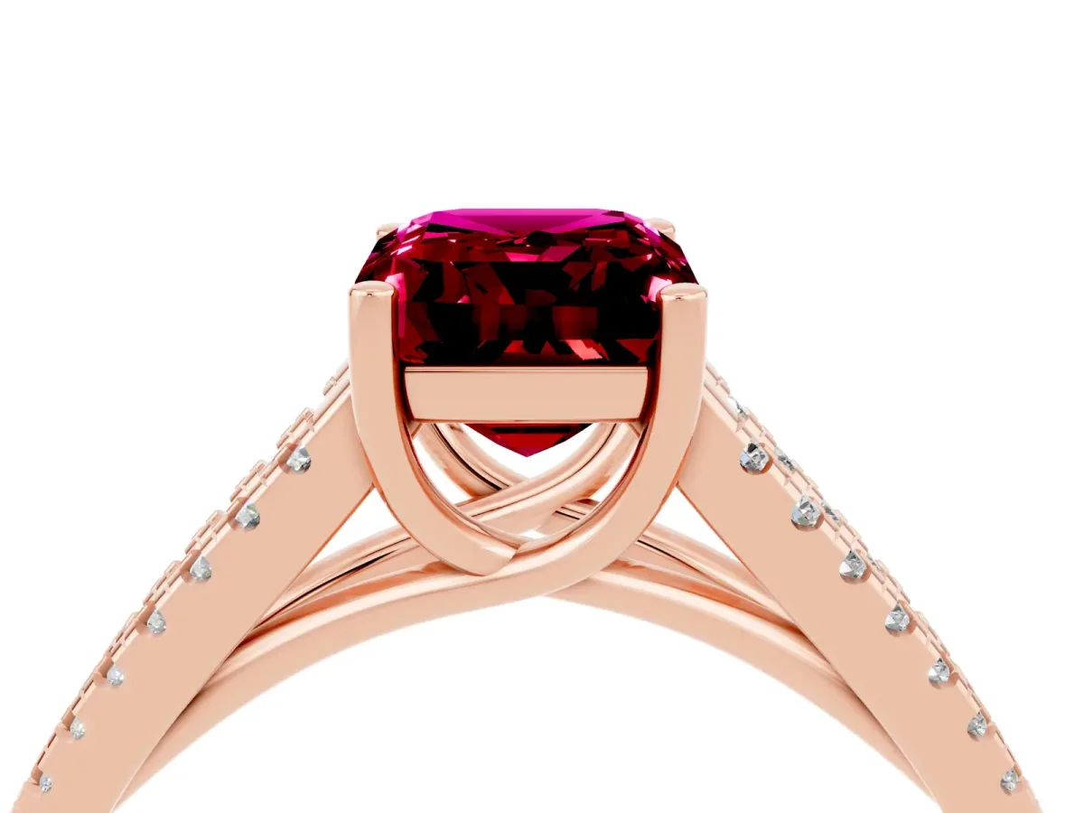 Emerald Cut Garnet Solitaire Engagement Ring with Split Shank Pavé Band Rose gold