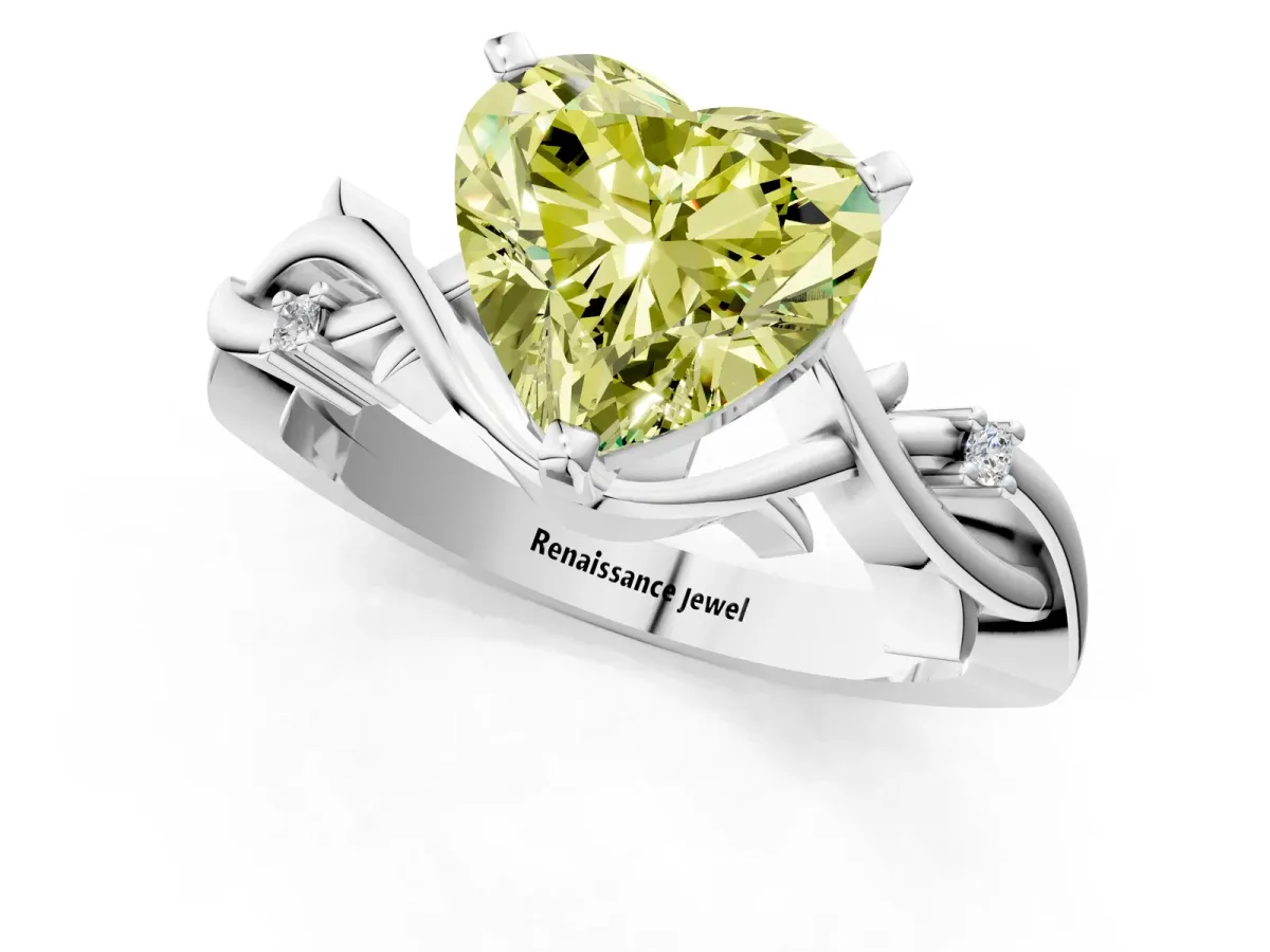 Fancy Yellow Heart Cut Diamond Solitaire Ring with Twisted Band and Prong Setting Silver