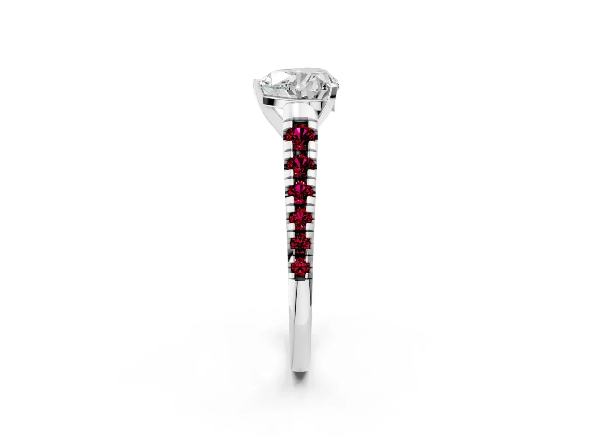 Heart Cut Diamond Cathedral Solitaire Ring with Round Garnet Pavé Band Silver