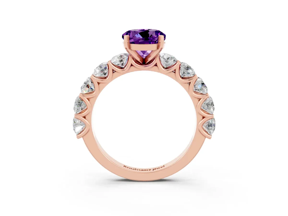 Round Cut Amethyst Prong Setting with Side Stones on a Pave Band Rose gold