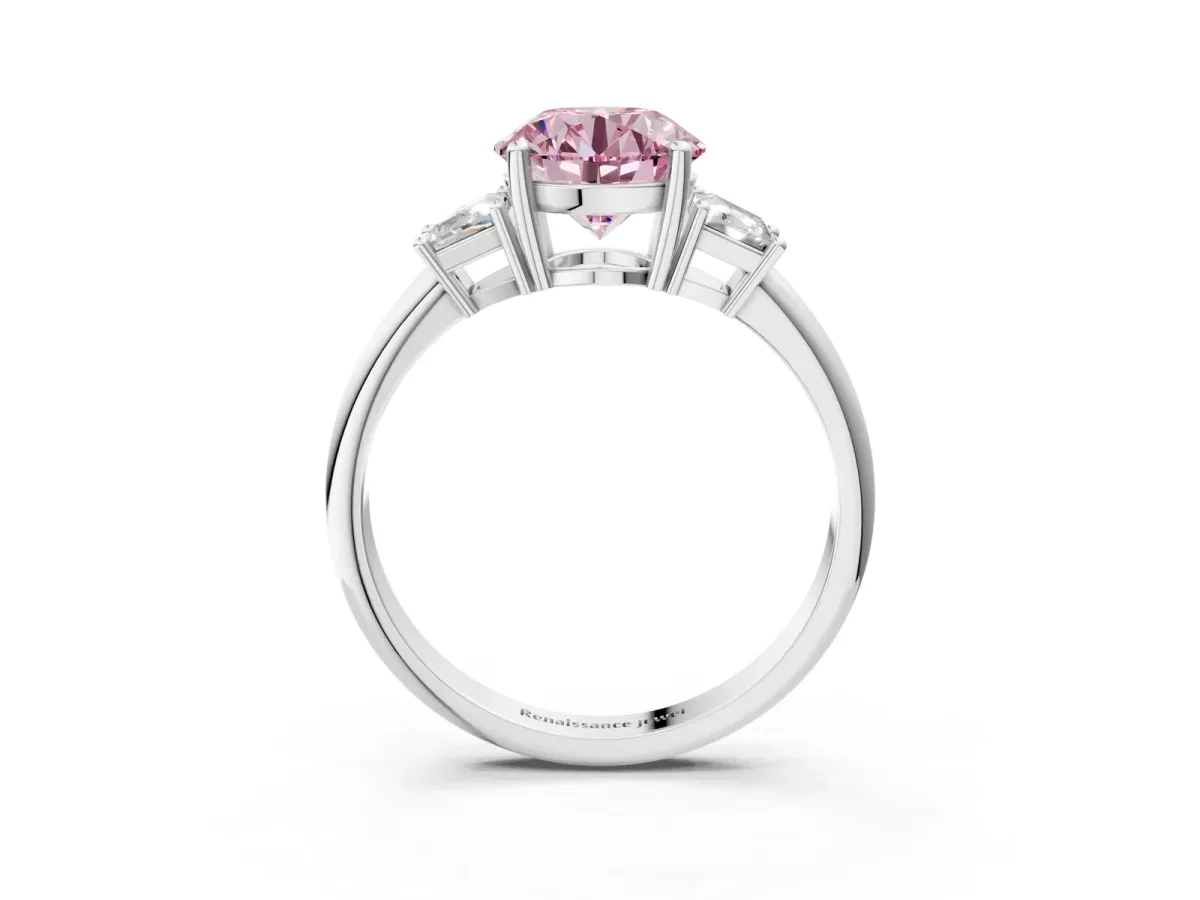 Fancy Pink Round Cut Diamond Three-Stone Ring with Trapezoid Side Stones and Prong Setting Silver