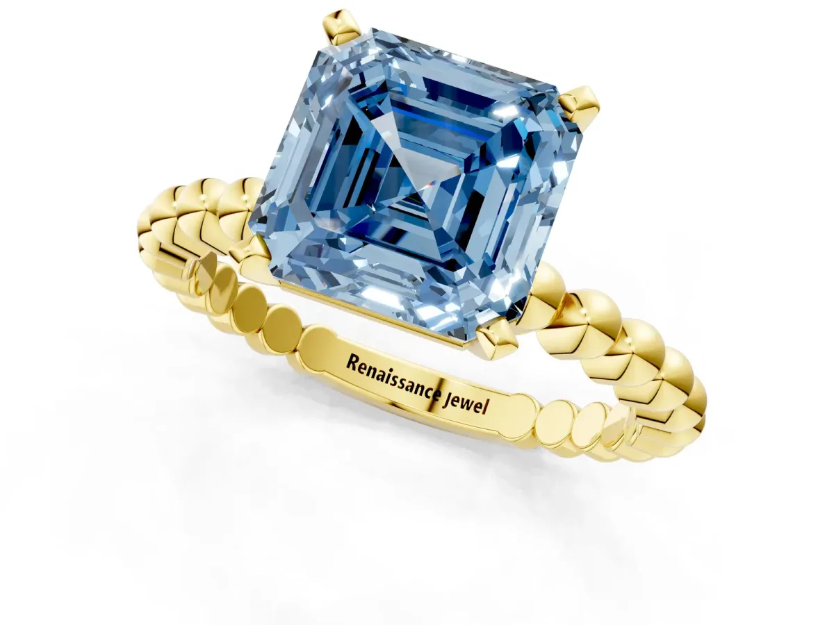 Fancy Blue Asscher Cut Diamond Solitaire Ring with Beaded Band and Prong Setting Yellow gold