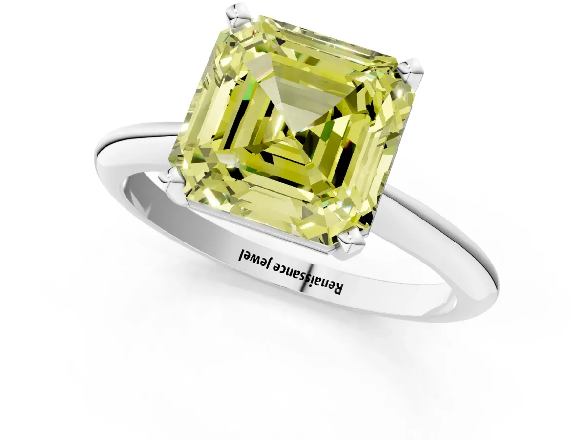 Fancy Yellow Asscher Cut Cut Solitaire Ring with Four-Prong Setting on a Classic Band Platinum