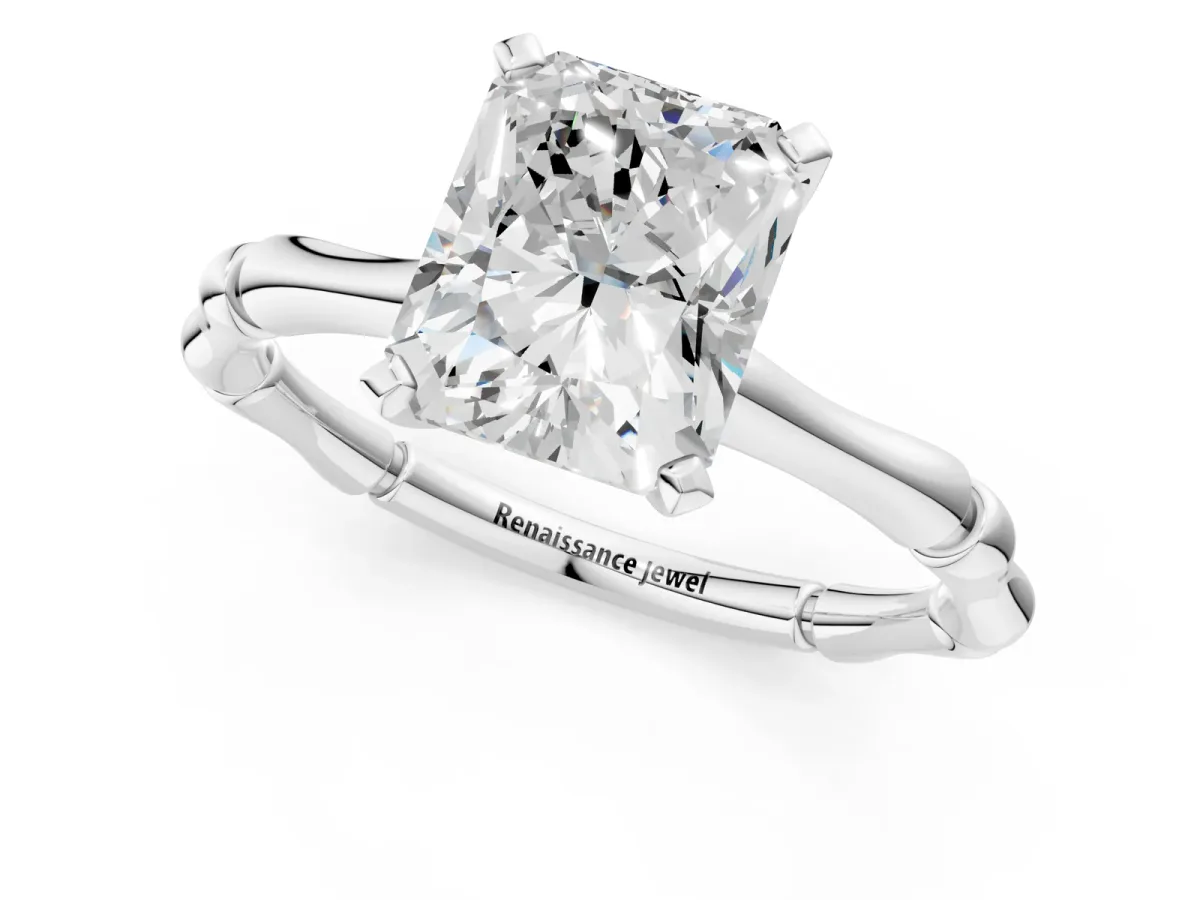 Radiant Cut Solitaire Diamond Ring with Bamboo Band and Four-Prong Setting Platinum