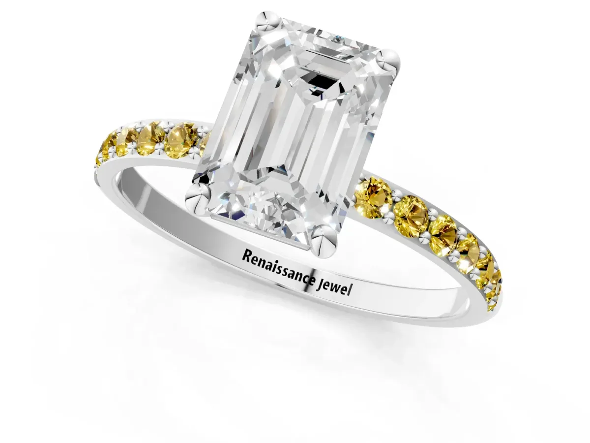 Emerald Cut Diamond Solitaire Ring with Round Yellow Sapphire Pavé Band and Prong Setting Silver