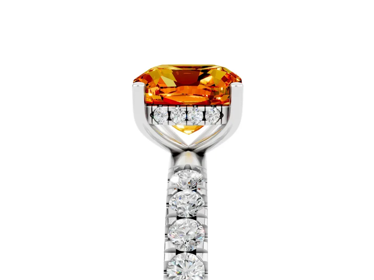 Cushion Cut Citrine Pave Band Solitaire Ring with Round and Prong Setting Platinum