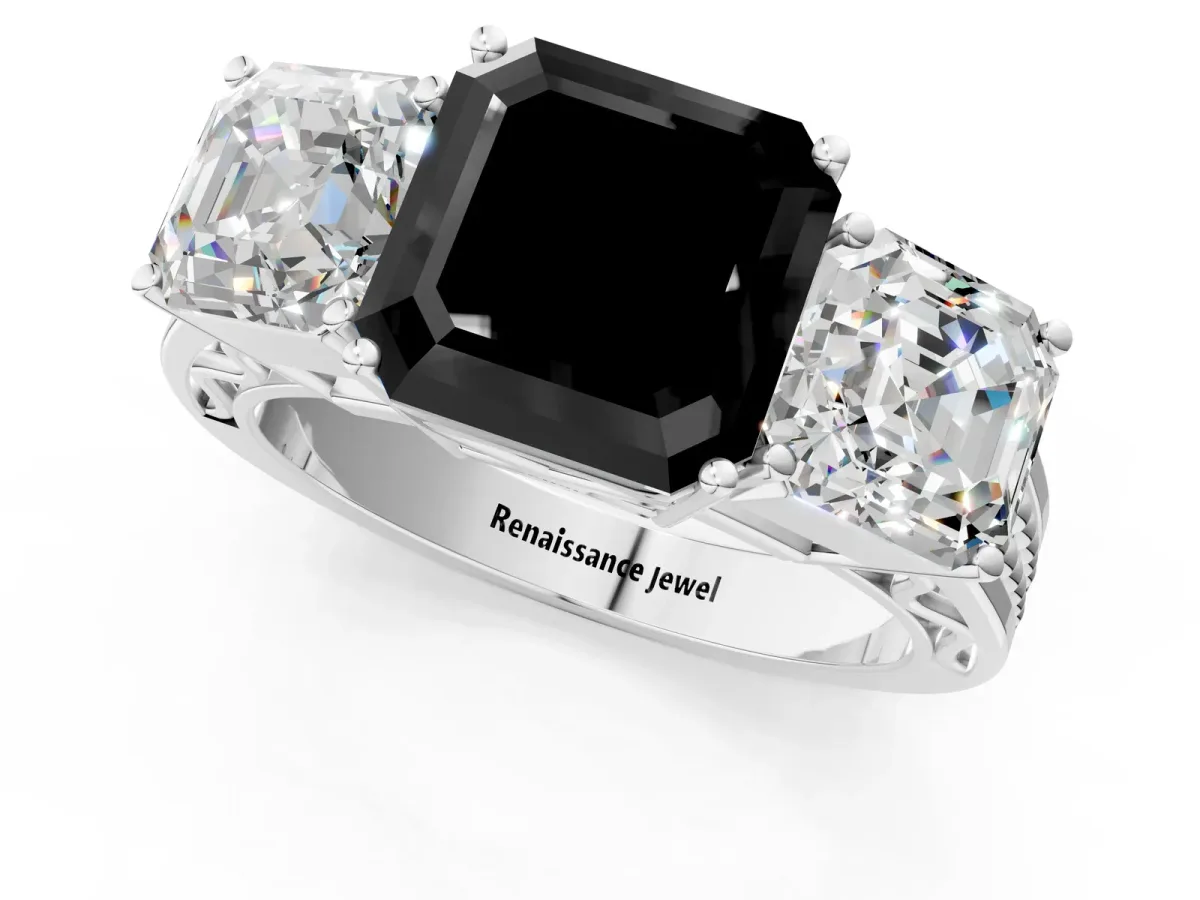 Fancy Black Asscher Cut Diamond Three-Stone Ring with Prong Setting and Textured Band Platinum