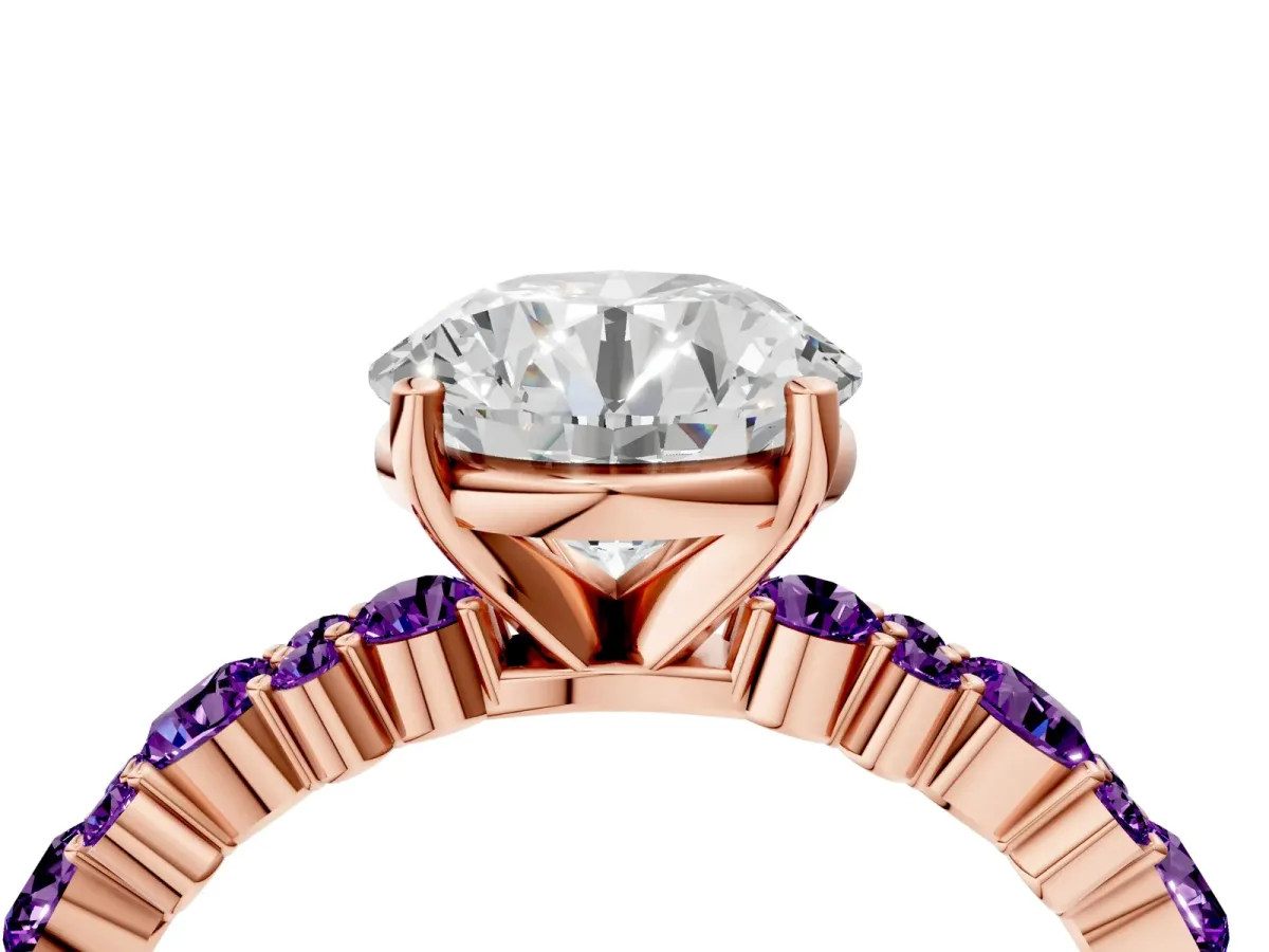 Round Cut Diamond Side Stone Solitaire Ring with Round Amethyst and Four-Prong Setting Rose gold
