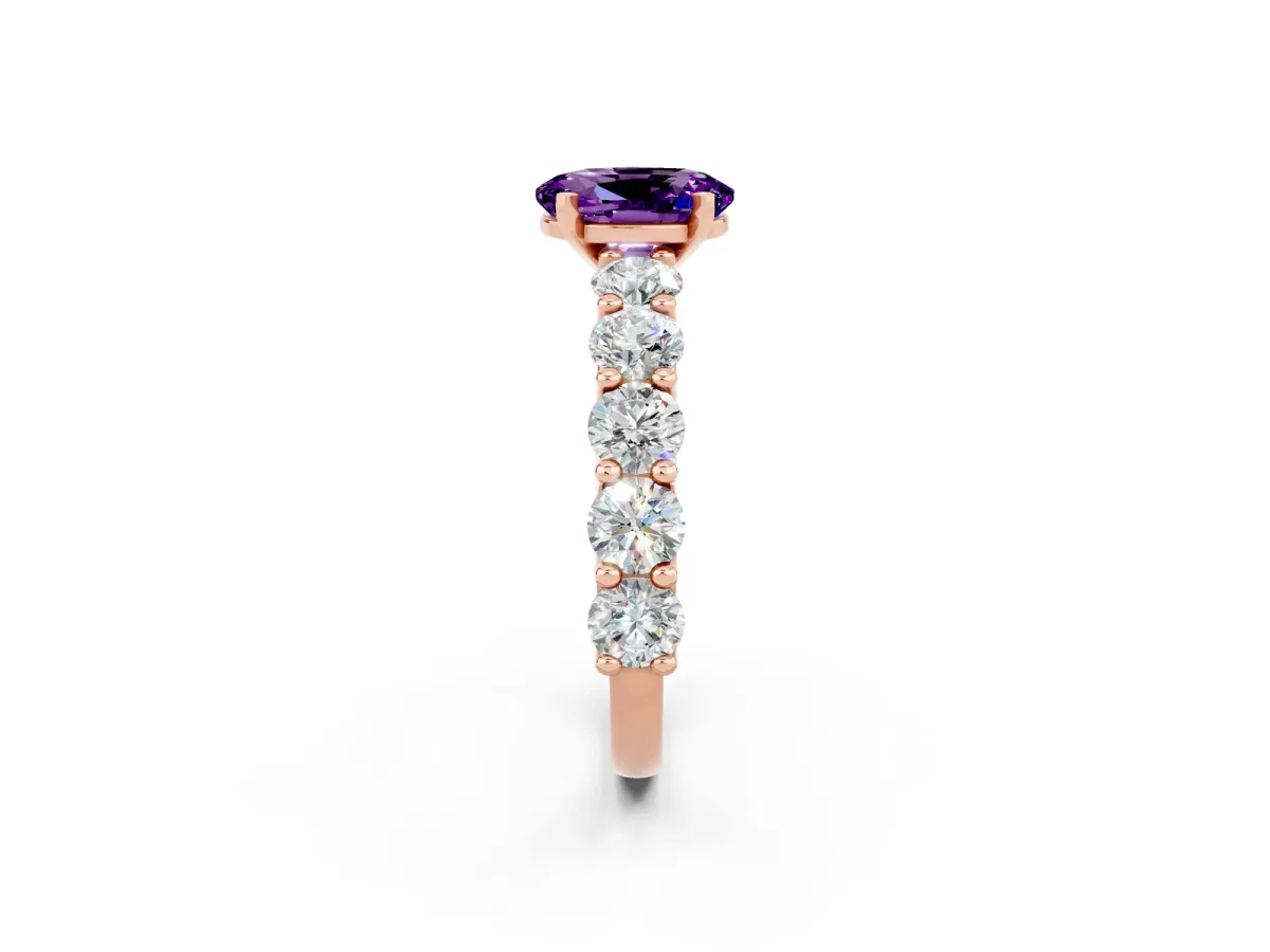 Oval Cut Amethyst Prong Setting with Side Stones on a Pave Band Rose gold