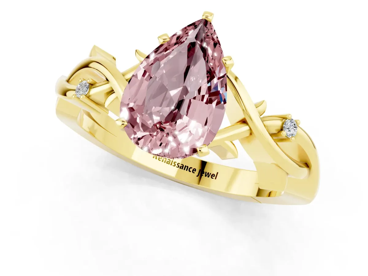 Pear Cut Morganite Solitaire Ring with Twisted Band and Prong Setting Yellow gold