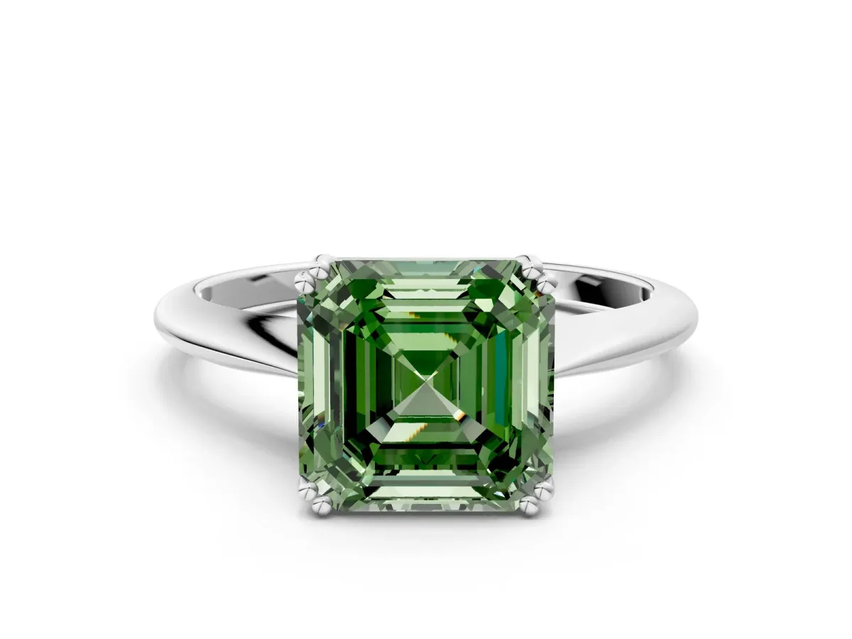 Fancy Green Asscher Cut Solitaire Diamond Ring with Six-Prong Setting and Classic Band Platinum