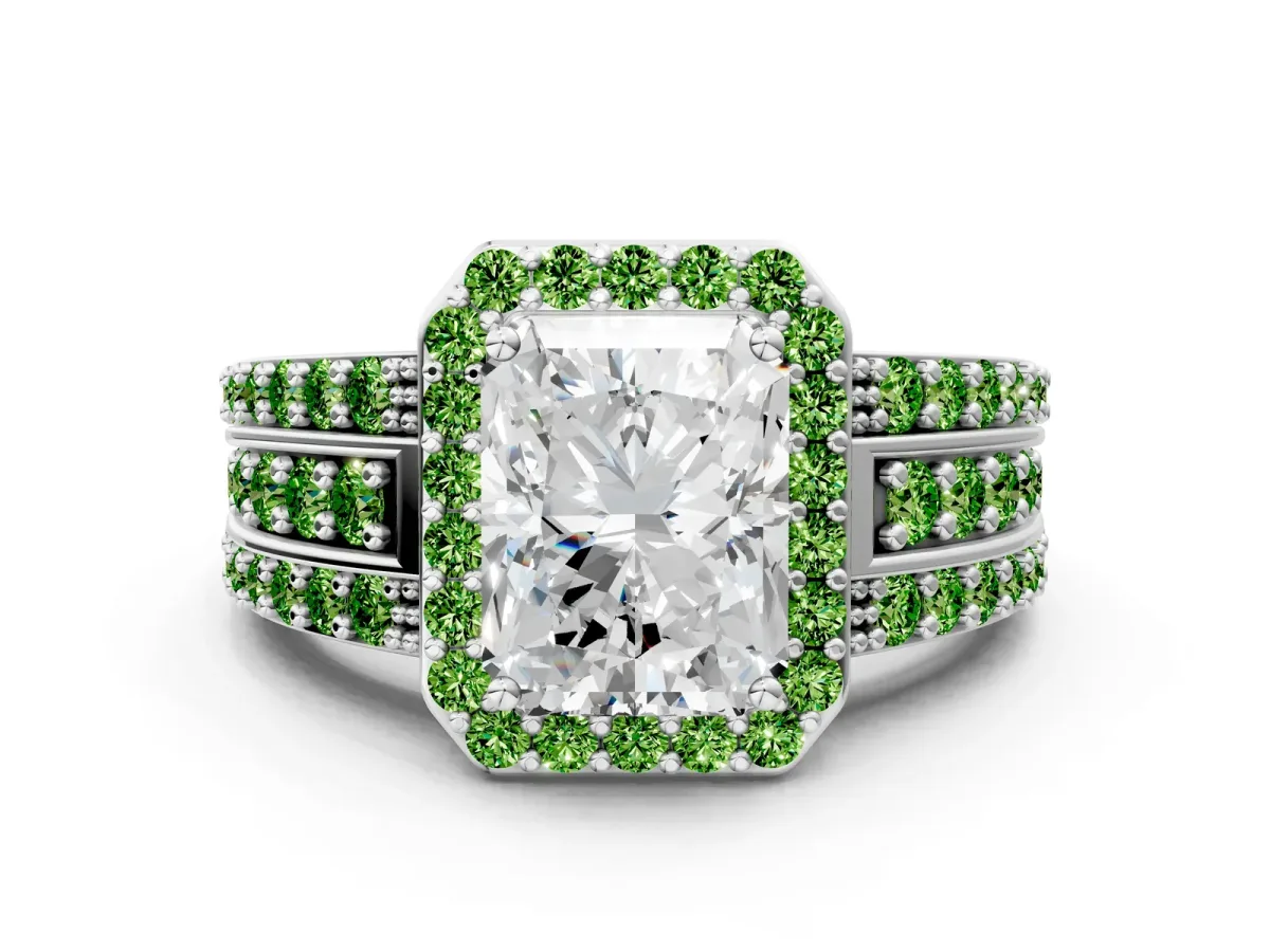 Radiant Cut Halo Diamond Ring with Round Peridot Split Shank and Prong Setting Silver