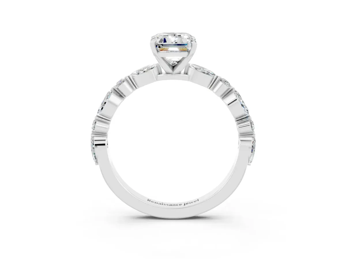 Emerald Cut Moissanite Ring with Marquise and Round Side Stones and Four-Prong Setting Silver
