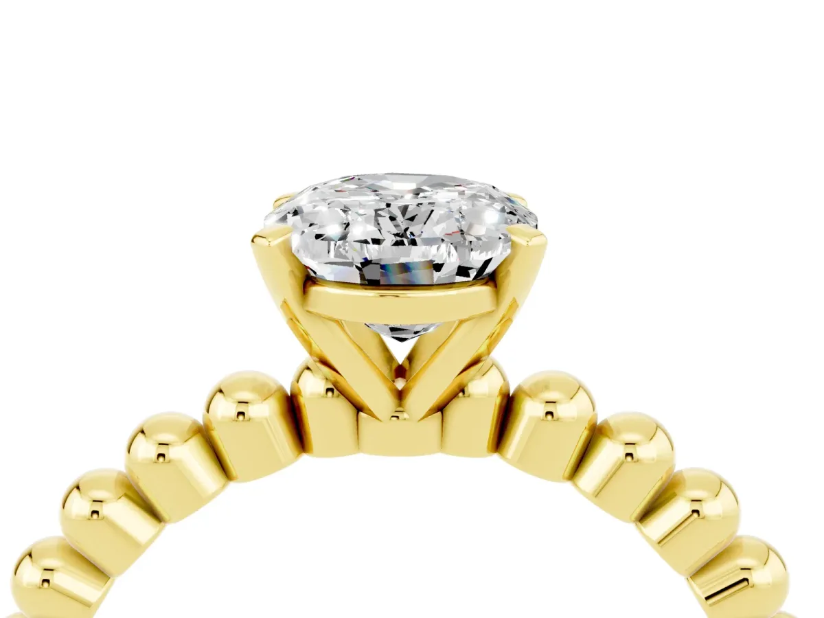 Oval Cut Moissanite Solitaire Ring with Beaded Band and Prong Setting Yellow gold