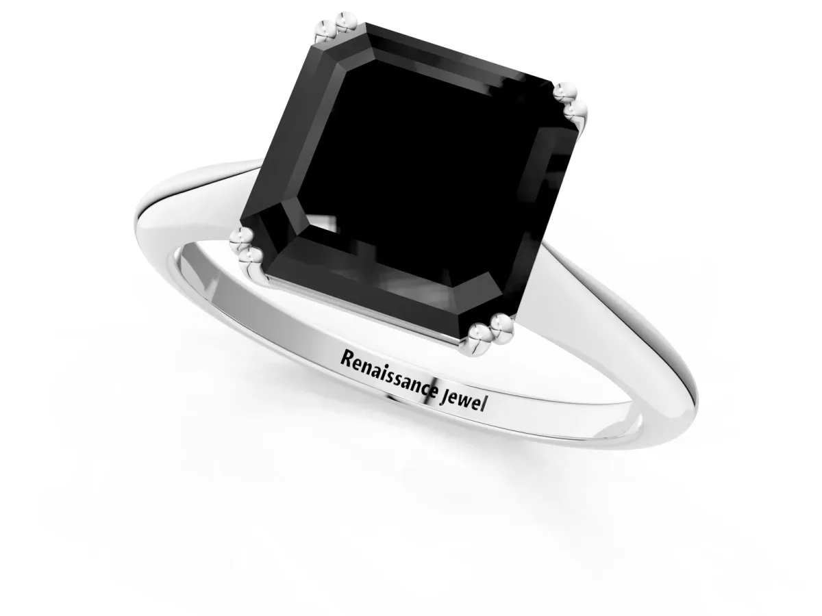 Fancy Black Asscher Cut Solitaire Diamond Ring with Six-Prong Setting and Classic Band Platinum