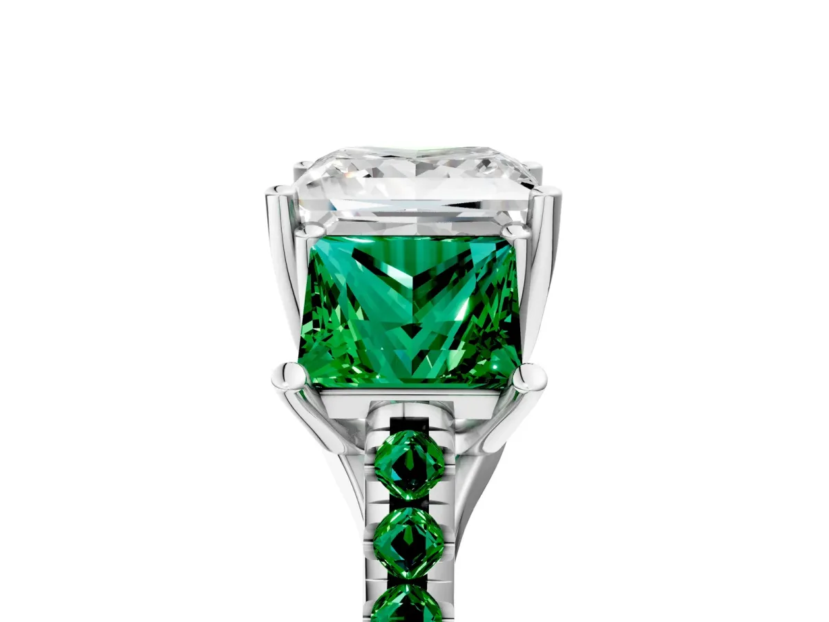 Three-Stone Princess Cut Diamond Ring with Round Emerald Pavé Band and Prong Setting Silver