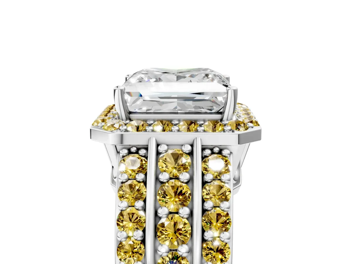 Princess Cut Halo Diamond Ring with Round Yellow Sapphire Split Shank and Prong Setting Silver
