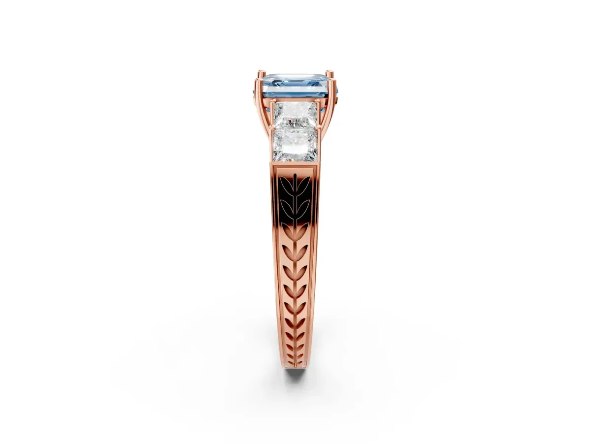 Fancy Blue Asscher Cut Solitaire Princess Side Stone Engraved Band Prong Setting Ring Rose gold