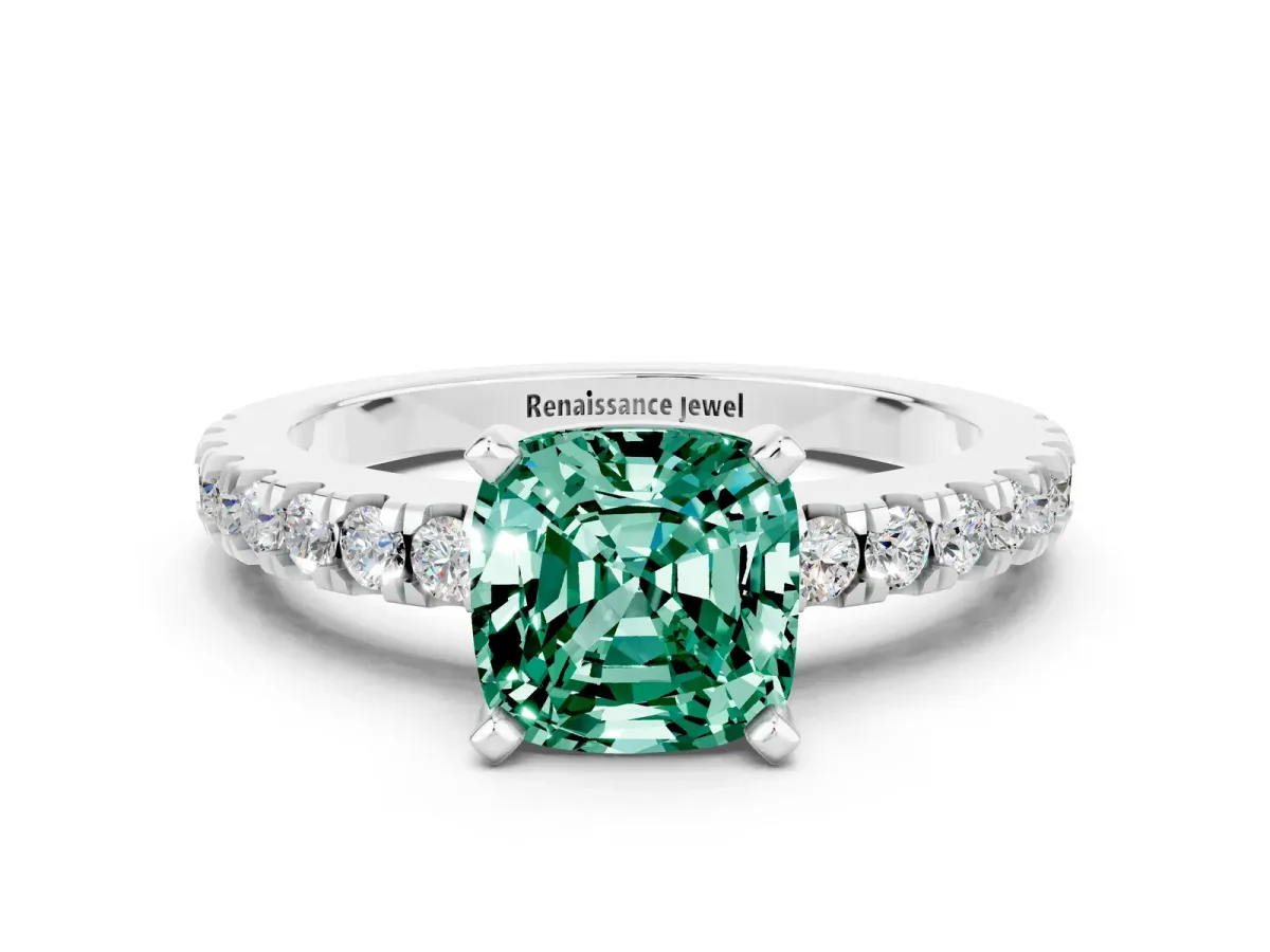 Cushion Cut Solitaire Green Sapphire with Pavé Band and Four-Prong Setting Silver