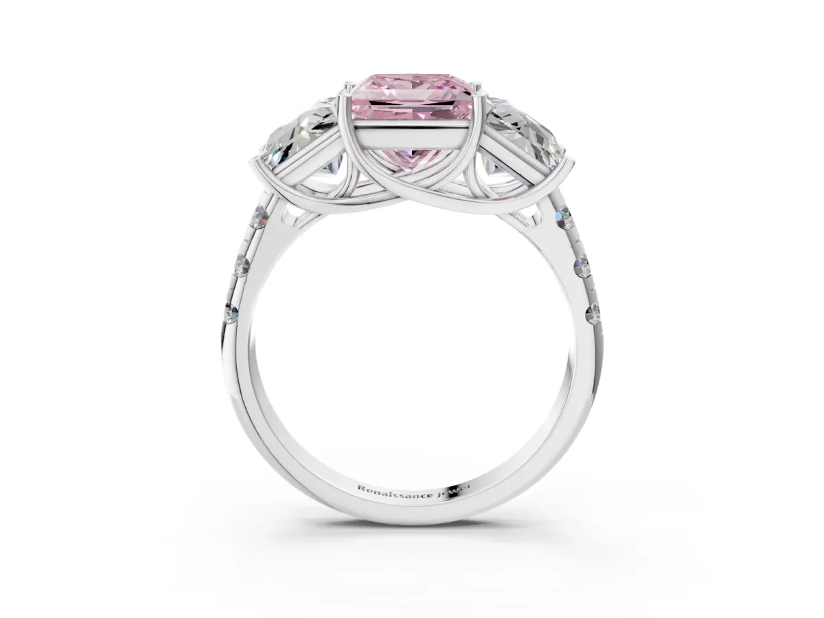 Fancy Pink Three-Stone Princess Cut Diamond Pavé Band with Prong Setting Platinum