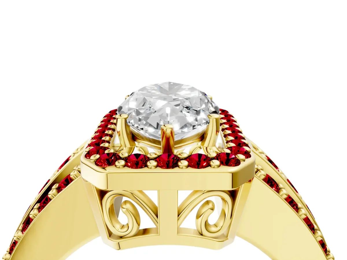 Marquise Cut Halo Diamond Ring with Round Ruby Split Shank and Prong Setting Yellow gold