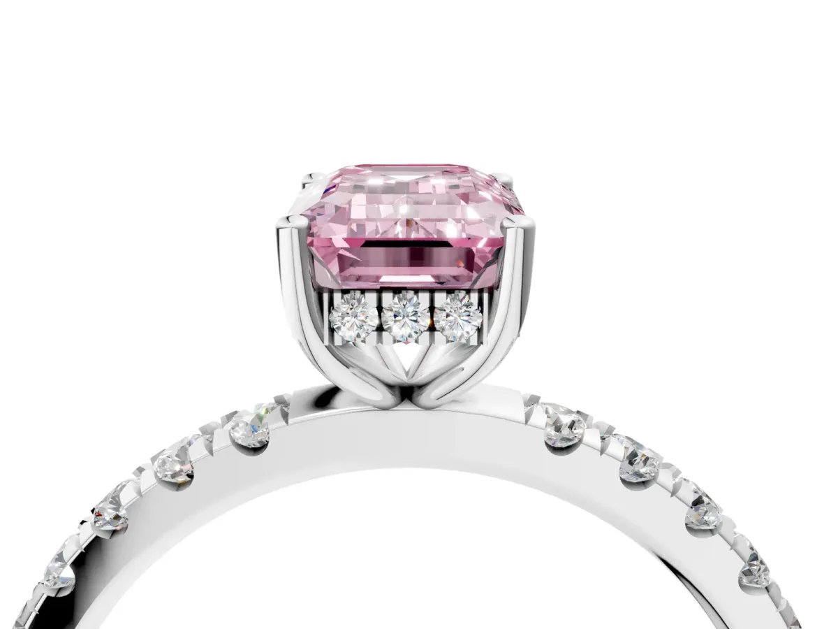 Fancy Pink Emerald Cut Diamond Pave Band Solitaire Ring with Round and Prong Setting Silver