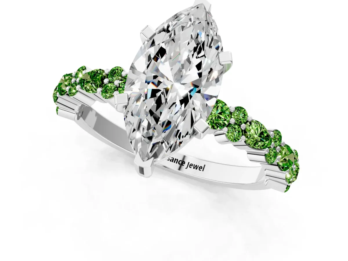 Marquise Cut Diamond Side Stone Solitaire Ring with Round Peridot and Four-Prong Setting Platinum