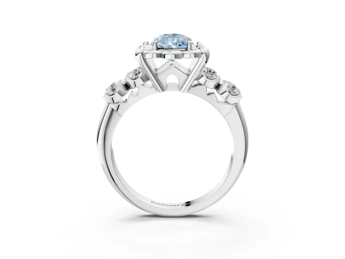 Fancy Blue Pear Cut Cut Diamond Floral Halo Engagement Ring with Shared Prong Setting Silver