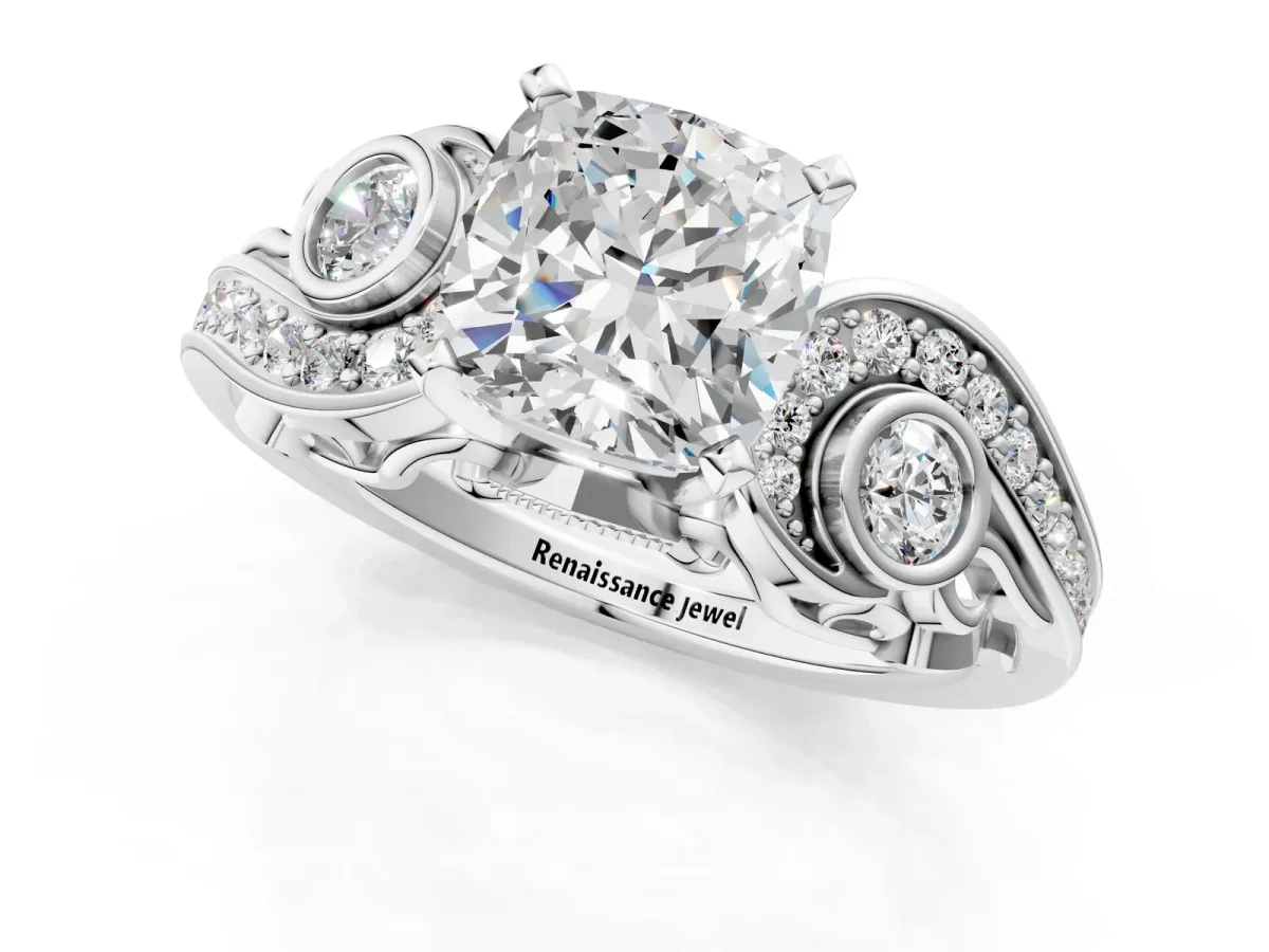 Cushion Cut Diamond Solitaire Ring with Milgrain Pavé Band and Four-Prong Setting Silver
