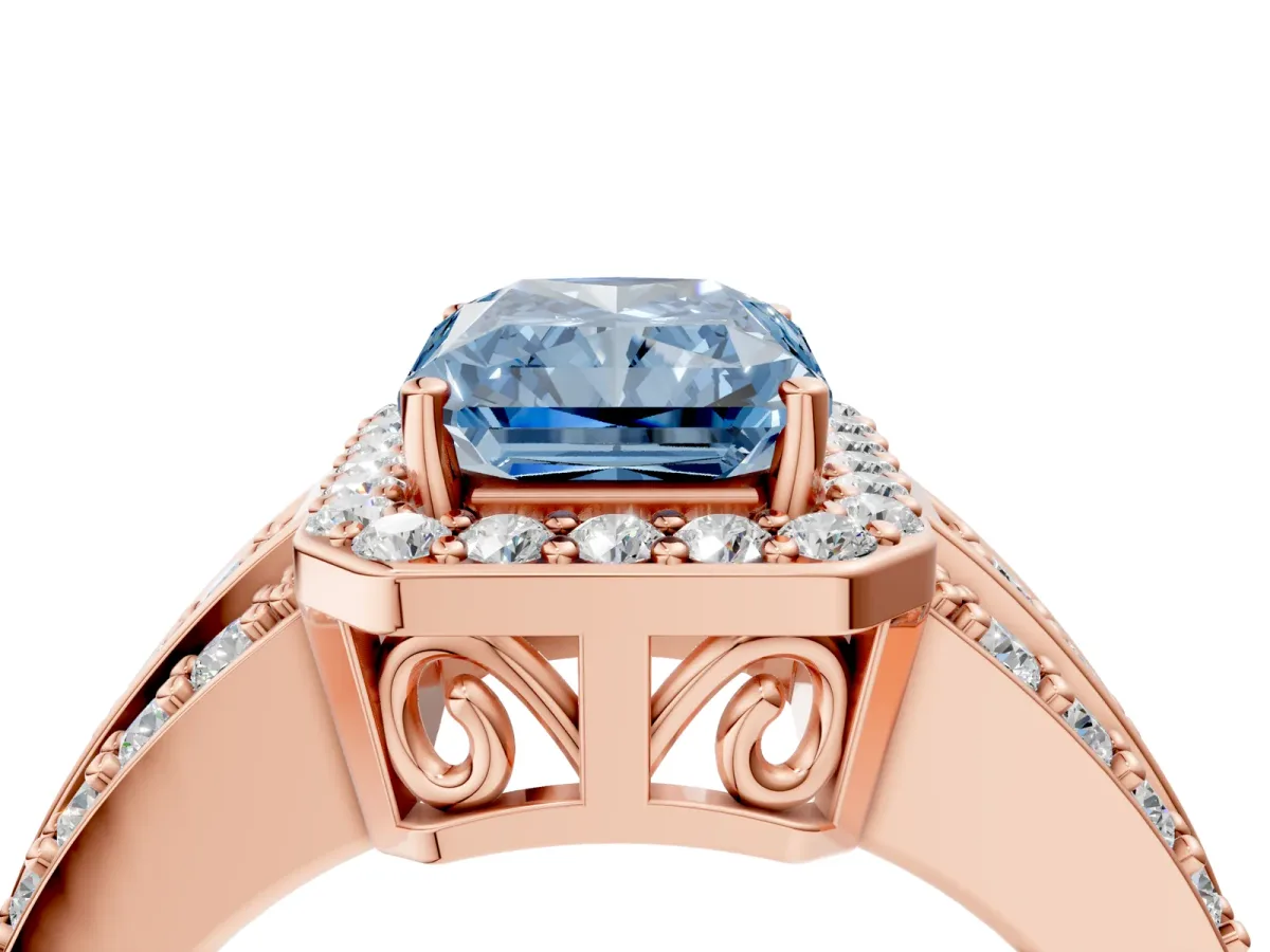 Fancy Blue Radiant Cut Halo Diamond Ring with Round Split Shank and Prong Setting Rose gold