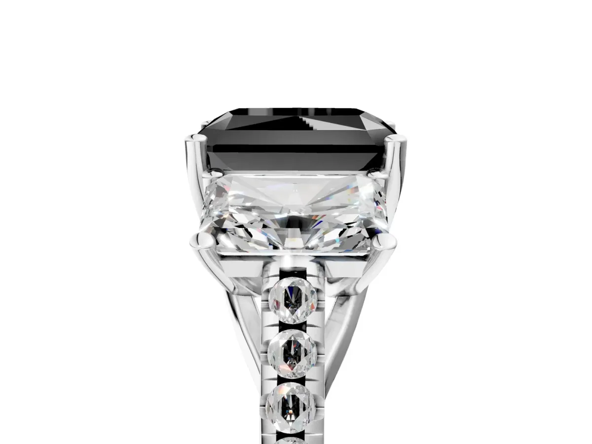 Fancy Black Three-Stone Radiant Cut Diamond Ring with Round Pavé Band and Prong Setting Silver