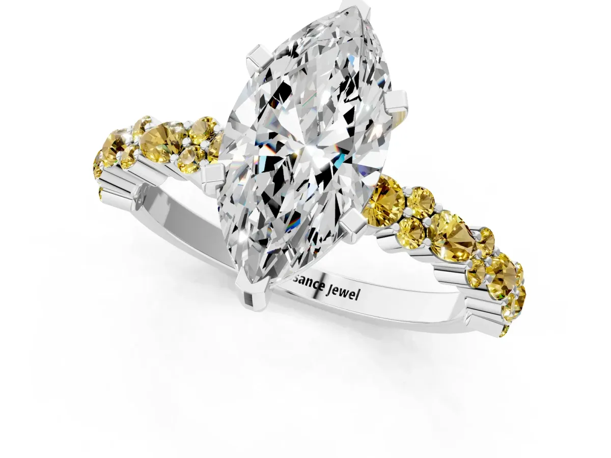 Marquise Cut Diamond Side Stone Solitaire Ring with Round Yellow Sapphire and Four-Prong Setting Silver
