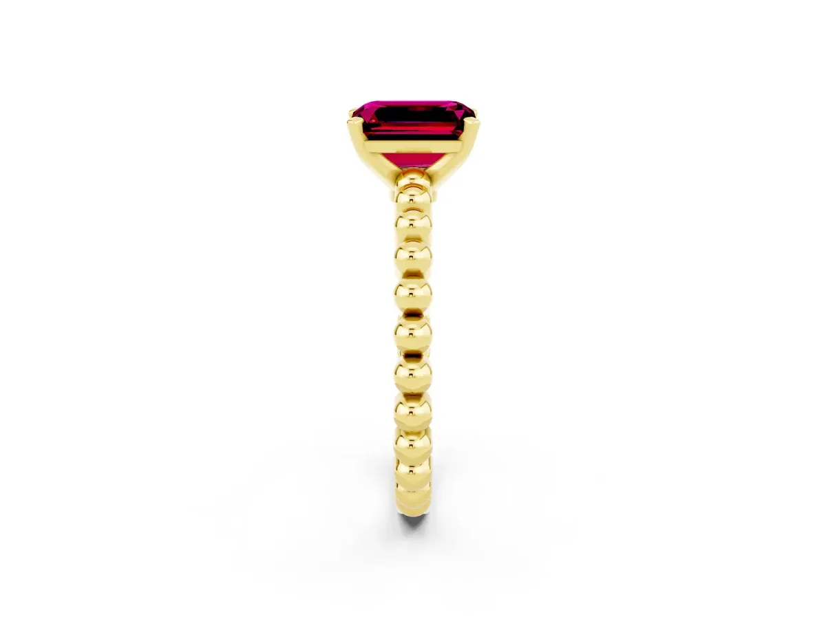 Emerald Cut Garnet Solitaire Ring with Beaded Band and Prong Setting Yellow gold