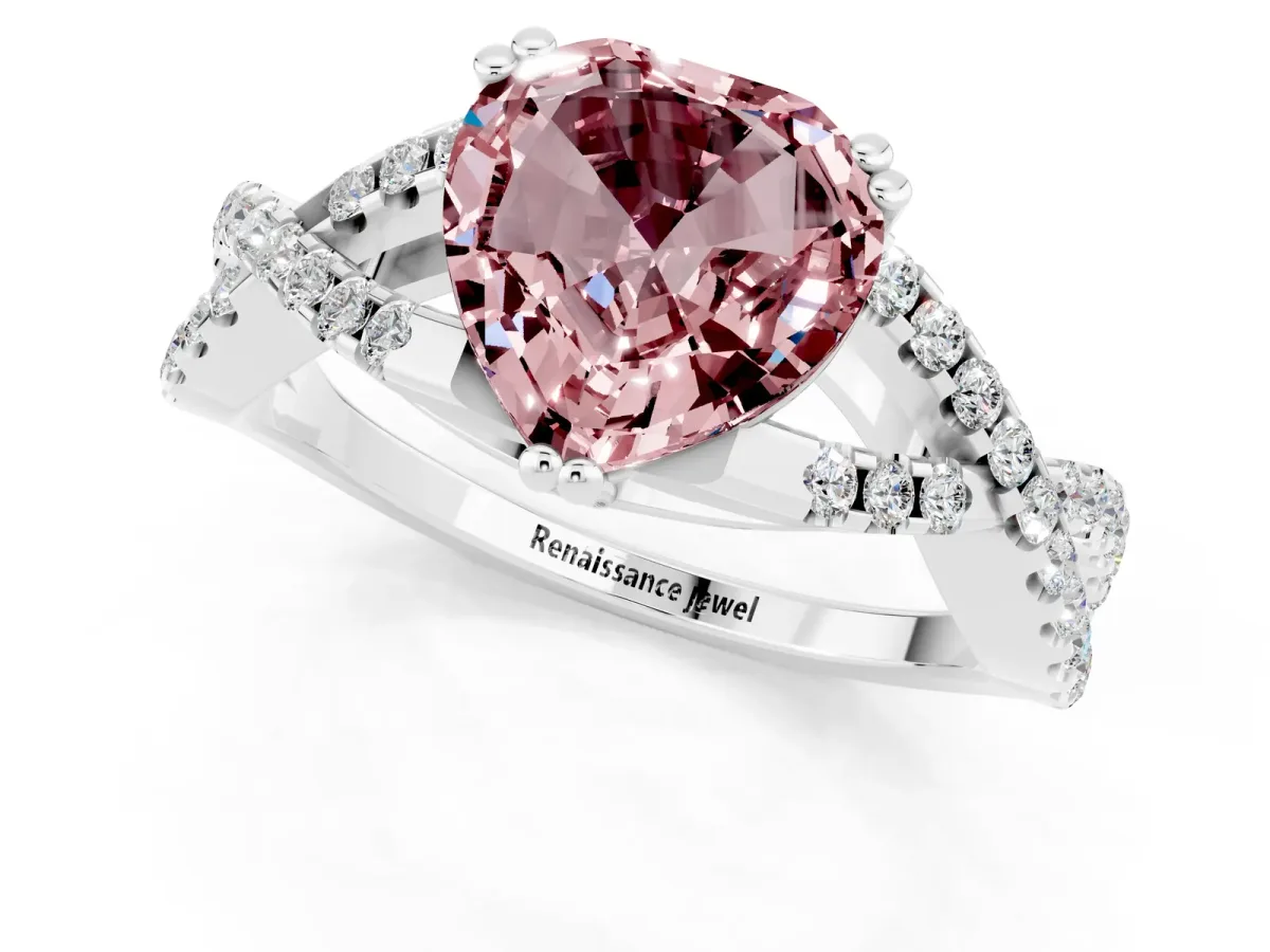 Heart Cut Morganite Solitaire Ring with Four-Prong Setting and Twisted Pavé Band Silver
