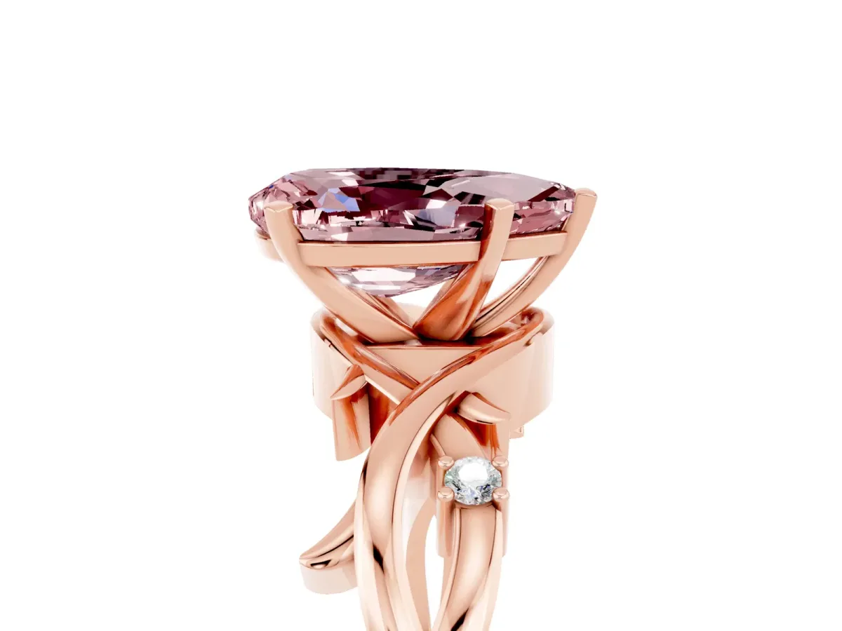 Pear Cut Morganite Solitaire Ring with Twisted Band and Prong Setting Rose gold