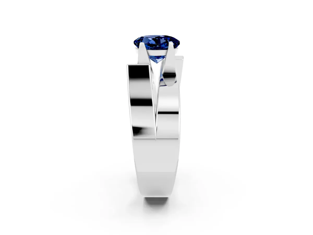 Modern Tension Set Round Cut Blue Sapphire Solitaire Wide Band Ring Silver