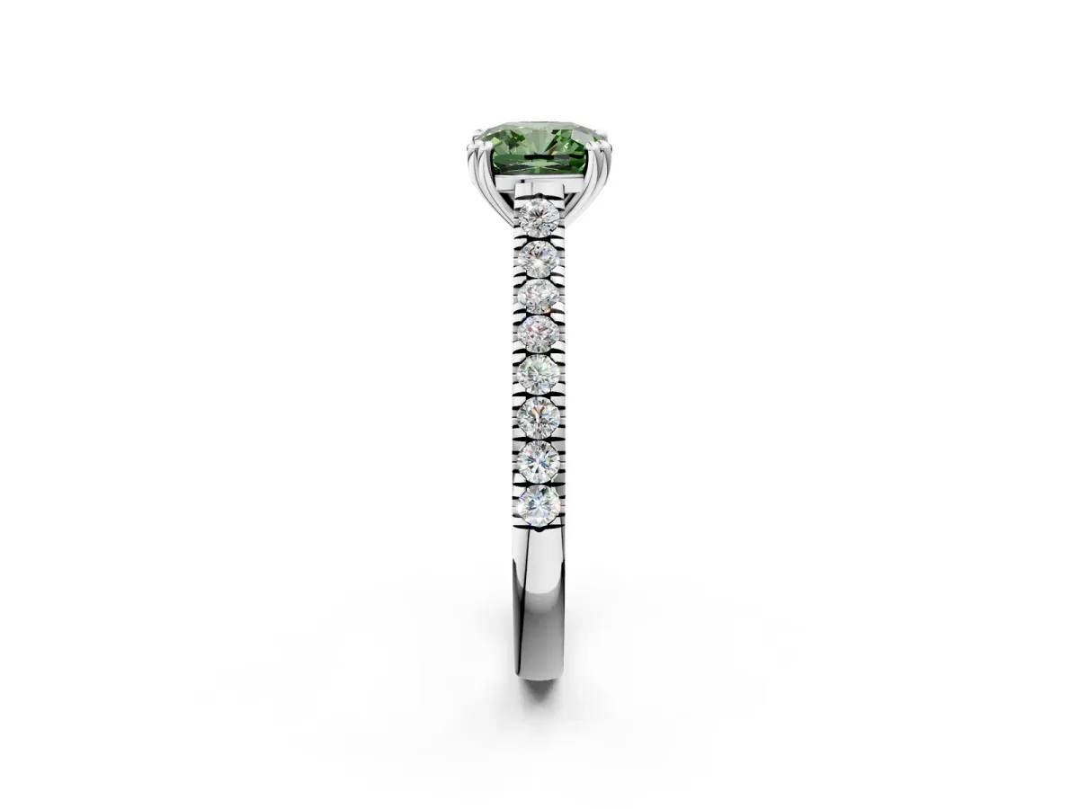 Fancy Green Cushion Cut Solitaire Pave Diamond Engagement Ring with Prong Setting White gold